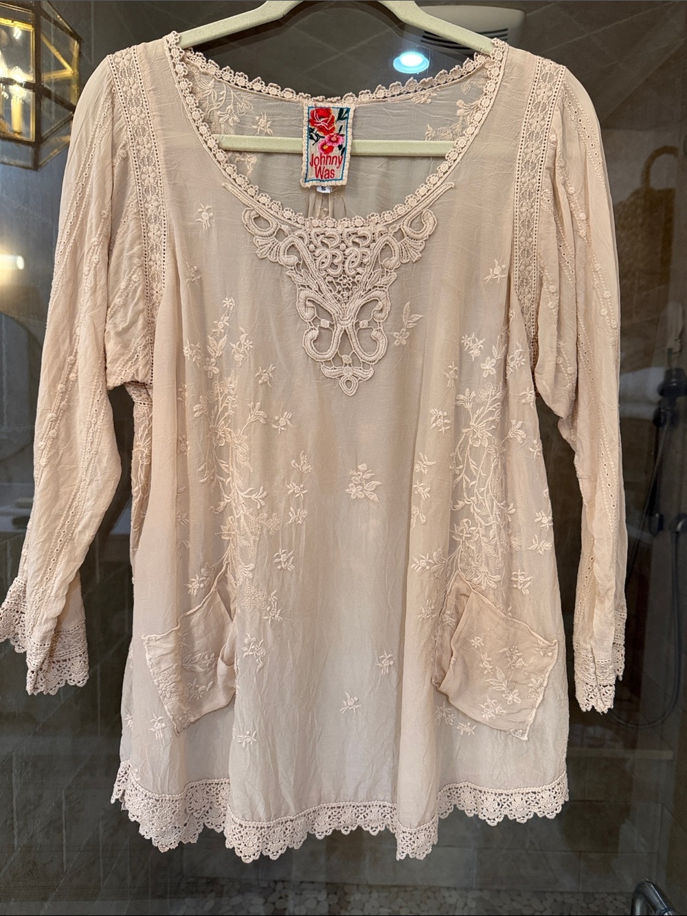 Johnny Was Women's Lace-Trim Blouse in Light Beige,size small